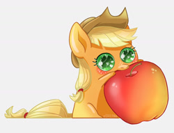 Size: 1416x1080 | Tagged: source needed, safe, artist:erein, applejack, earth pony, pony, g4, apple, big ears, big eyes, chibi, cute, female, food, herbivore, jackabetes, simple background, solo