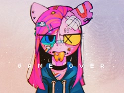 Size: 1200x900 | Tagged: safe, artist:poneko-chan, pinkie pie, earth pony, anthro, g4, bandage, bandaid, bifurcated tongue, choker, chokerpie, chromatic aberration, clothes, colored sclera, drugs, ear piercing, earring, eye clipping through hair, eyestrain warning, forked tongue, hairclip, hoodie, jewelry, looking at you, piercing, pinkamena diane pie, scar, solo, sticker, tongue out, tongue piercing, torn ear, x eyes, yellow sclera