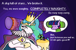 Size: 8039x5312 | Tagged: safe, artist:djsleepyhooves, princess celestia, twilight sparkle, alicorn, pony, unicorn, g4, cape, cel shading, clothes, crossover, crown, dialogue, dot eyes, duo, gradient background, hooves, jewelry, katamari damacy, king of all cosmos, ms paint, prince of all cosmos, regalia, royal we, shading, size difference, text