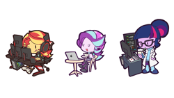 Size: 2560x1440 | Tagged: safe, artist:rvceric, sci-twi, starlight glimmer, sunset shimmer, twilight sparkle, human, equestria girls, g4, chibi, clothes, computer, female, gamer sunset, headphones, lab coat, laptop computer, macbook, macintosh (computer), simple background, trio, trio female, white background