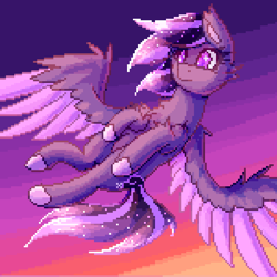 Size: 1000x1000 | Tagged: safe, artist:shad0w-galaxy, derpibooru exclusive, oc, oc only, oc:shadow galaxy, pegasus, pony, cheek fluff, chest fluff, ethereal mane, female, flying, hooves, mare, pixel art, solo, starry mane, sunset