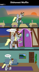 Size: 1920x3516 | Tagged: safe, artist:platinumdrop, derpy hooves, pegasus, pony, comic:dishonest muffin, g4, 3 panel comic, bag, building, chimney, clothes, comic, commission, couch, door, doorway, female, flank, flying, folded wings, grass, happy, hat, hill, house, living room, mailmare, mailmare hat, mailmare uniform, mare, monologue, open door, open mouth, open smile, painting, picture frame, plant, ponyville, raised hoof, rug, sky, smiling, solo, speech bubble, spread wings, sunset, talking, this will end in tears, this will not end well, town, window, wings
