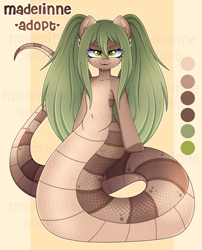 Size: 3420x4231 | Tagged: safe, artist:madelinne, oc, lamia, original species, semi-anthro, adoptable, belly button, fangs, female, freckles, green hair, long hair, mare, ponytails, simple background, solo