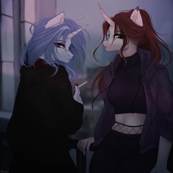 Size: 2000x2000 | Tagged: safe, artist:alicesmitt31, oc, oc only, oc:lily-rose, unicorn, anthro, belly button, cigarette, duo, female, high res, horn