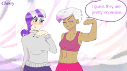 Size: 1280x720 | Tagged: safe, artist:gorillaz-24, gilda, twilight velvet, human, g4, blushing, crack shipping, eyes closed, flexing, gildavet, grin, humanized, shipping, smiling, sweat