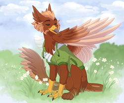 Size: 1200x1000 | Tagged: safe, artist:purplegrim40, oc, oc only, oc:pavlos, griffon, broken bone, broken wing, cast, chest fluff, colored wings, eared griffon, eyes closed, feather, grass, griffon oc, grooming, injured, one wing out, outdoors, preening, sling, solo, wing fluff, wings