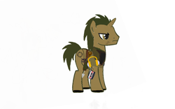 Size: 2800x1752 | Tagged: safe, artist:pvz_bluewing_17, oc, oc only, oc:glowing arrow, pony, unicorn, arrow, bandolier, boots, brown eyes, clothes, coat, crosshair, headphones, holster, horn, male, scar, simple background, solo, stallion, tail, unicorn oc, walkman, white background