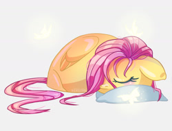 Size: 1416x1080 | Tagged: safe, artist:erein, fluttershy, butterfly, pegasus, pony, g4, big ears, chibi, cute, female, pillow, simple background, sleeping, solo