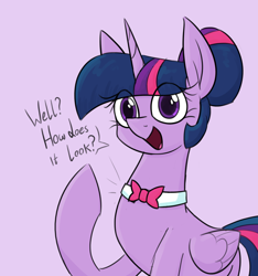 Size: 1190x1272 | Tagged: safe, artist:moonatik, twilight sparkle, alicorn, pony, g4, abstract background, alternate hairstyle, bowtie, colored sketch, cute, female, hair bun, mare, open mouth, open smile, pun, sketch, smiling, solo, talking to viewer, twilight sparkle (alicorn), visual pun