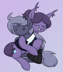 Size: 1275x1467 | Tagged: safe, artist:moonatik, oc, oc only, oc:arlia, oc:selenite, bat pony, pony, abstract background, bat pony oc, clothes, cuddling, cute, fanfic art, fangs, female, hair bun, hug, mare, mother and child, mother and daughter, necktie, ponytail, school uniform, shirt, skirt, smiling, solo