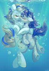 Size: 1280x1854 | Tagged: safe, artist:pledus, oc, oc only, pony, unicorn, blushing, bubble, chest fluff, crepuscular rays, digital art, duo, eyes closed, female, flowing mane, flowing tail, horn, hug, kissing, male, mare, ocean, shipping, signature, stallion, stallion oc, sunlight, tail, underwater, water