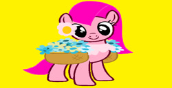 Size: 1280x658 | Tagged: safe, artist:disneyponyfan, artist:firepony-bases, artist:ukulelemoon, dryad, earth pony, original species, pony, g4, base used, basket, dryad pony, flower, flower bubble, flower bubble pony, flower in hair, foofa, logo, nick jr., not pinkamena, not pinkie pie, pink hair, pink mane, pink tail, ponified, rule 85, simple background, smiling, solo, tail, wrong aspect ratio, yellow background, yo gabba gabba!