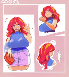 Size: 1800x2000 | Tagged: safe, artist:sozglitch, sunset shimmer, oc, oc:generic messy hair anime anon, human, g4, big breasts, breasts, busty sunset shimmer, canon x oc, chubby, clothes, comic, duo, duo female, emanata, female, floating heart, heart, huge breasts, humanized, looking at you, male, open mouth, open smile, purse, shipping, shorts, smiling, smiling at you, straight, watch, waving, waving at you, wristwatch