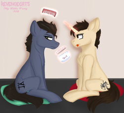Size: 1562x1429 | Tagged: safe, artist:revenge.cats, earth pony, pony, unicorn, blushing, comb, duo, gay, ice nine kills, magic, magic aura, male, ponified, ricky armellino, sitting, spencer charnas, tongue out