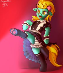 Size: 1200x1400 | Tagged: safe, artist:escapist, artist:tyleks, lightning dust, pegasus, pony, g4, bipedal, cat ears, clothes, collaboration, cute, female, maid, mare, open mouth, paw socks, simple background, solo, standing, standing on one leg