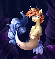 Size: 2485x2642 | Tagged: safe, artist:buvanybu, oc, oc only, oc:mythic blade, seapony (g4), unicorn, bubble, cloven hooves, commission, crepuscular rays, digital art, dorsal fin, fin, fish tail, flowing mane, flowing tail, gem, glowing, high res, horn, male, mermay, ocean, red mane, seaponified, solo, species swap, stallion, swimming, tail, underwater, unicorn oc, water