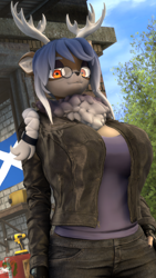 Size: 2160x3840 | Tagged: safe, artist:donglysfm, oc, oc:nova bellflower, deer, anthro, 3d, antlers, big breasts, breasts, clothes, deer oc, denim, female, gilf, glasses, gloves, gradient mane, high res, jacket, jeans, leather, leather jacket, milf, non-pony oc, pants, revamped anthros, solo, source filmmaker