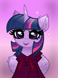 Size: 1009x1356 | Tagged: safe, artist:confetticakez, artist:php178, derpibooru exclusive, twilight sparkle, alicorn, pony, g4, .svg available, bust, clothes, colored sketch, cute, drawstrings, ear fluff, female, folded wings, gradient background, highlights, hoodie, inkscape, looking at you, mare, portrait, simple background, sketch, smiling, smiling at you, solo, sparkles, special, stars, svg, twiabetes, twilight sparkle (alicorn), vector, vector trace, wing fluff, wings