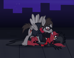 Size: 2448x1930 | Tagged: safe, artist:lightningbolt, derpibooru exclusive, part of a set, bat pony, pegasus, pony, undead, vampire, vampony, g4, .svg available, bat wings, cheek fluff, chin fluff, city, clothes, duo, duo male, ear fluff, eyeliner, fall out boy, fangs, folded wings, frown, glasses, grin, happy, hoof fluff, jacket, leg fluff, looking at each other, looking at someone, lying down, makeup, male, messy mane, mikey way, my chemical romance, night, night sky, on back, outdoors, pete wentz, ponified, raised hoof, scarf, shocked, show accurate, sidewalk, sky, slit pupils, smiling, spread wings, stallion, standing, svg, tail, tail feathers, vector, wing fluff, wings