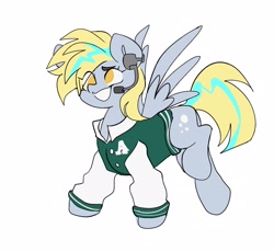 Size: 1656x1518 | Tagged: safe, artist:madiwann, derpy hooves, pegasus, pony, g4, clothes, female, flying, headphones, jacket, mare, microphone, simple background, smiling, solo, varsity jacket, white background