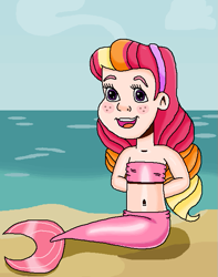Size: 547x693 | Tagged: safe, artist:ocean lover, oc, oc only, oc:honeycrisp blossom, human, mermaid, adorable face, bandeau, bare shoulders, beach, belly, belly button, bikini, bikini top, blush lines, blushing, cheerful, child, clothes, cloud, cute, fins, fish tail, freckles, friendly, hairband, happy, human coloration, humanized, innocent, light skin, looking at you, mermaid tail, mermaidized, mermay, midriff, ms paint, multicolored hair, ocean, offspring, open mouth, open smile, outdoors, parent:big macintosh, parent:princess cadance, parents:cadmac, purple eyes, sand, sitting, sky, sleeveless, smiling, smiling at you, species swap, strapless, swimsuit, tail, tail fin, water, wave