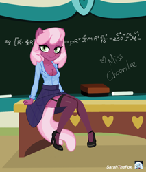 Size: 2550x3000 | Tagged: safe, artist:sarahthefox97, cheerilee, earth pony, anthro, g4.5, my little pony: pony life, spoiler:g5, blouse, breasts, chalkboard, cleavage, clothes, deviantart, garter belt, garter straps, high heels, lidded eyes, looking at you, nudity, partial nudity, sexy, shoes, skirt, stockings, thigh highs