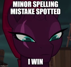 Size: 528x500 | Tagged: safe, edit, edited screencap, editor:icicle-niceicle-1517, screencap, tempest shadow, pony, unicorn, g4, my little pony: the movie, broken horn, caption, cropped, eye scar, facial scar, female, grammar nazi, horn, image macro, imgflip, mare, meme, scar, solo, text