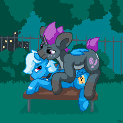 Size: 400x400 | Tagged: safe, alternate version, artist:vohd, oc, oc only, oc:ex, oc:fade sunshine, pegasus, pony, unicorn, animated, bench, biting, blushing, bush, collar, cuddling, ear bite, fence, gay, gif, hug, looking at each other, looking at someone, male, park, pixel art, stallion, tree