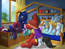 Size: 4008x3034 | Tagged: safe, artist:wittleskaj, princess luna, rainbow dash, tempest shadow, oc, oc:swift blaze, alicorn, earth pony, pegasus, pony, unicorn, g4, abdl, adult foal, bed, bedroom, cape, clothes, crib, cute, diaper, diaper fetish, diaper pattern, diapered, earth pony oc, fetish, happy, male, non-baby in diaper, pattern, patterned diaper, playing, plushie, pretend, smiling, stallion, white diaper, window