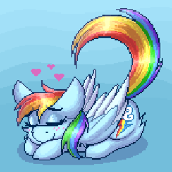 Size: 1000x1000 | Tagged: safe, artist:shad0w-galaxy, rainbow dash, pegasus, pony, g4, blushing, cute, dashabetes, eyes closed, female, gradient background, heart, lying down, mare, pixel art, smiling, solo