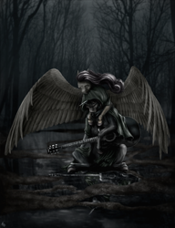 Size: 1000x1300 | Tagged: safe, artist:adept_fluttershy, fluttershy, oc, pegasus, pony, g4, crying, dark, forest, guitar, melancholy, musical instrument, sad