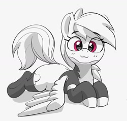 Size: 1200x1141 | Tagged: safe, artist:pabbley, rainbow dash, pegasus, pony, g4, :3, black and white, blushing, clothes, cute, dashabetes, eye clipping through hair, eyebrows, eyebrows visible through hair, female, grayscale, latex, latex socks, looking at you, lying down, mare, monochrome, partial color, prone, raised tail, simple background, smiling, smiling at you, socks, solo, sploot, stockings, tail, thigh highs, uniform, white background, wonderbolts uniform