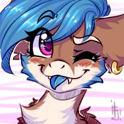 Size: 1200x1200 | Tagged: safe, artist:falafeljake, oc, oc only, oc:lissy fluffball, :p, ;p, blue mane, bust, chest fluff, cute, ear fluff, ear piercing, looking at you, one eye closed, piercing, pink eyes, portrait, tongue out, wink, winking at you