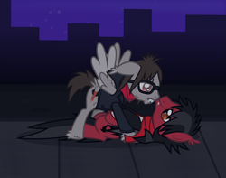 Size: 2448x1930 | Tagged: safe, artist:lightningbolt, derpibooru exclusive, part of a set, bat pony, pegasus, pony, undead, vampire, vampony, g4, .svg available, bat wings, cheek fluff, chin fluff, city, clothes, duo, duo male, ear fluff, ears back, eyeliner, fall out boy, fangs, folded wings, frown, glasses, happy, hoof fluff, jacket, leg fluff, lidded eyes, looking at each other, looking at someone, lying down, makeup, male, messy mane, mikey way, my chemical romance, night, night sky, on back, outdoors, pete wentz, ponified, scarf, show accurate, sidewalk, sky, slit pupils, smiling, spread wings, stallion, standing, svg, tail, tail feathers, vector, wing fluff, wings
