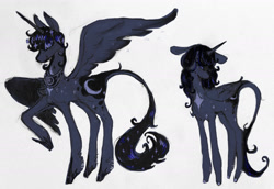 Size: 1999x1374 | Tagged: dead source, safe, artist:regenko, princess luna, alicorn, pony, g4, alternate design, body markings, chest fluff, colored hooves, crying, female, floppy ears, folded wings, leonine tail, mare, raised hoof, redesign, simple background, solo, sparkly mane, sparkly tail, spread wings, standing, star mark, tail, white background, wings