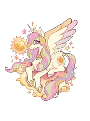 Size: 1280x1714 | Tagged: safe, artist:regenko, princess celestia, alicorn, pony, g4, alternate hairstyle, chest fluff, leonine tail, redesign, simple background, solo, spread wings, sun, tail, transparent background, wings