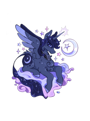 Size: 1280x1714 | Tagged: safe, artist:regenko, princess luna, alicorn, pony, g4, alternate hairstyle, chest fluff, leonine tail, moon, redesign, simple background, solo, spread wings, tail, transparent background, wings