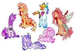 Size: 1280x868 | Tagged: safe, artist:regenko, applejack, fluttershy, pinkie pie, rainbow dash, rarity, twilight sparkle, butterfly, butterfly pony, earth pony, hybrid, pegasus, pony, unicorn, g4, bowtie, braid, braided pigtails, butterfly wings, clothes, cowboy hat, dreadlocks, glasses, group, hat, mane six, pigtails, redesign, saddle, sextet, simple background, sweater, tack, white background, wings