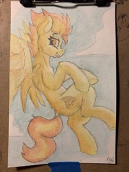 Size: 2986x3981 | Tagged: safe, artist:reddthebat, spitfire, pegasus, pony, g4, female, flying, grin, high res, lidded eyes, looking at you, mare, smiling, smiling at you, solo, spread wings, traditional art, watercolor painting, wings