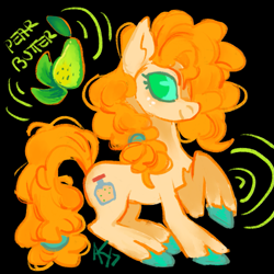 Size: 1111x1111 | Tagged: safe, artist:sillyfillies, pear butter, earth pony, pony, g4, black background, colored hooves, food, freckles, green eyes, pear, simple background, solo