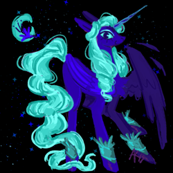 Size: 1111x1111 | Tagged: safe, artist:sillyfillies, opaline arcana, alicorn, pony, g5, alternate design, bracer, female, horn, looking at you, mare, moon, one wing out, smiling, smiling at you, solo, stars, tail, wings