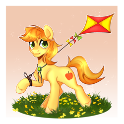 Size: 2000x2000 | Tagged: safe, artist:riko, braeburn, earth pony, pony, g4, braebetes, commission, cute, gradient background, grass, high res, kite, looking at you, male, missing accessory, solo, stallion, two toned mane, ych result, younger