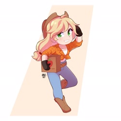Size: 2048x2048 | Tagged: safe, artist:applesartt, applejack, human, g4, abstract background, applejack's hat, boots, chibi, clothes, cowboy hat, denim, female, hat, high res, holding, humanized, jeans, pale skin, pants, shoes, solo