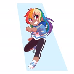 Size: 2048x2048 | Tagged: safe, artist:applesartt, rainbow dash, human, g4, abstract background, chibi, clothes, converse, dark skin, grin, high res, humanized, jacket, looking at you, moderate dark skin, shoes, smiling, sneakers, solo, teeth