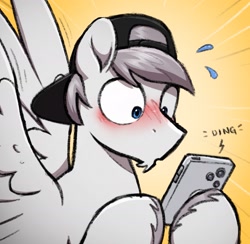 Size: 2005x1953 | Tagged: safe, artist:selenophile, oc, oc only, oc:seleno, pegasus, pony, backwards ballcap, baseball cap, blushing, blushing profusely, cap, cellphone, facial hair, hat, male, pegasus oc, phone, reaction image, solo, spread wings, stallion, surprised, sweat, wingboner, wings