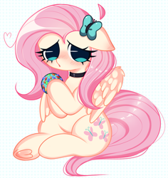 Size: 2121x2244 | Tagged: safe, artist:arwencuack, fluttershy, pegasus, pony, g4, butterfly hairpin, choker, chokershy, cute, donut, floppy ears, food, high res, shy, solo