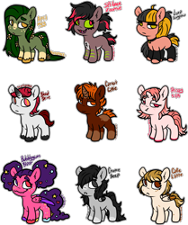 Size: 2293x2738 | Tagged: safe, artist:sexygoatgod, oc, oc only, oc:april may, oc:blood drive, oc:bubblegum blast, oc:cafe latte, oc:carrot cake, oc:crome deep, oc:luna sunglow, oc:prissy silk, oc:spritzee zoomie, earth pony, pegasus, pony, unicorn, adoptable, chibi, female, high res, male, simple background, small wings, transparent background, wings