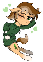 Size: 785x1112 | Tagged: safe, artist:spackle, oc, oc:amber evergreen, oc:buck evergreen, earth pony, pony, blushing, clothes, coat markings, female, heart, hoodie, lying down, mare, markings, one eye closed, ponytail, rule 63, simple background, simple shading, smiling, socks (coat markings), solo, white background, wink