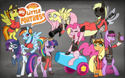 Size: 8000x5000 | Tagged: safe, artist:zeffdakilla, applejack, berry punch, berryshine, derpy hooves, fluttershy, pinkie pie, rainbow dash, rarity, spitfire, twilight sparkle, alicorn, earth pony, pegasus, pony, unicorn, g4, alcohol, bandage, beanie, bipedal, bullet, bullet belt, carrying, clothes, crossover, demoberry, demoman, demoman (tf2), derp, engiejack, engineer, engineer (tf2), flamethrower, fluttermedic, flying, gas mask, gloves, grenade, hard hat, hat, headphones, heavy (tf2), heavy weapons guy, hoof on chest, jacket, logo, looking at you, looking sideways, mask, medi gun, medic, medic (tf2), open mouth, party cannon, pyro (tf2), rainbow scout, raised arm, raised hoof, raised leg, rarispy, scared, scout (tf2), sitting, smiling, sniper, sniper (tf2), soldier, soldier (tf2), spread wings, spy, spy (tf2), standing, suit, team fortress 2, twilight sniper, unicorn twilight, vest, weapon, wings, yelling