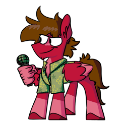 Size: 1800x1800 | Tagged: safe, artist:grandfinaleart, oc, oc only, oc:grand finale, pegasus, pony, animated, brown eyes, brown hair, brown mane, brown tail, chin fluff, clothes, digital art, facial hair, folded wings, friday night funkin', gif, goatee, hawaiian shirt, looking at you, male, microphone, pegasus oc, red fur, shirt, simple background, smiling, solo, stallion, stallion oc, standing, tail, unshorn fetlocks, white background, wing hands, wing hold, wings
